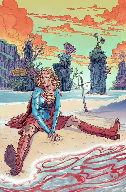 Supergirl on an alien shore, illustrated by Max Marin