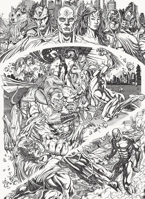 Pencil comic collage featuring fantastical characters, illustrated by Max Marin
