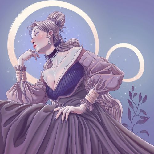 Max Marin illustration of a princess in a purple gown beneath crescent moons