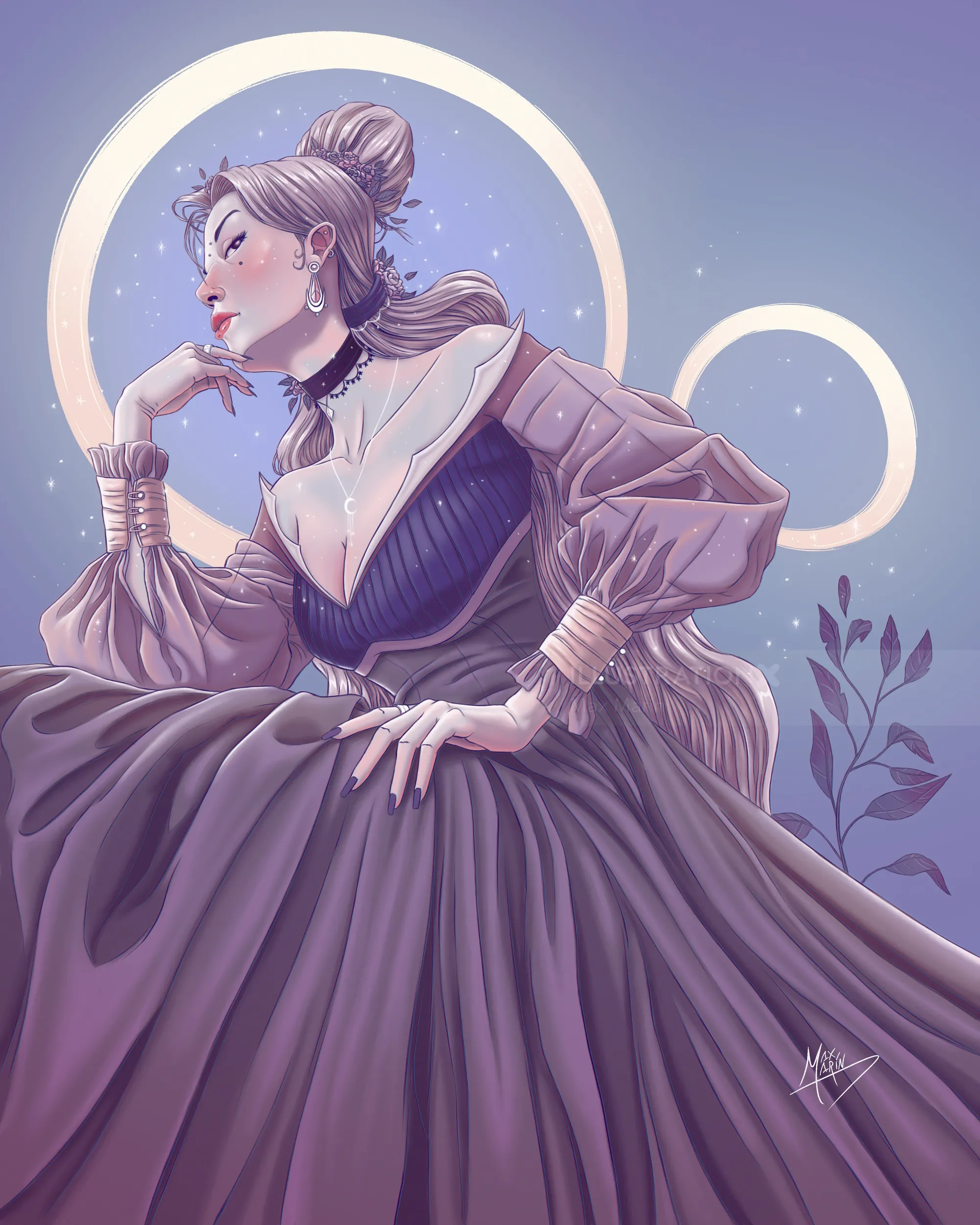 Max Marin illustration of a princess in a purple gown beneath crescent moons