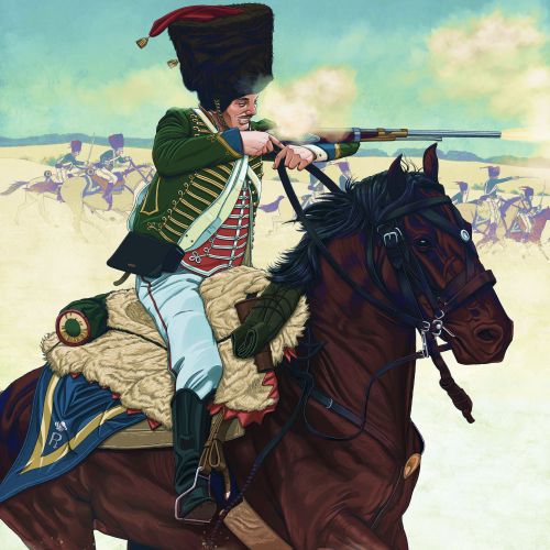 Max Marin illustration of a Napoleonic hussar riding a dark horse