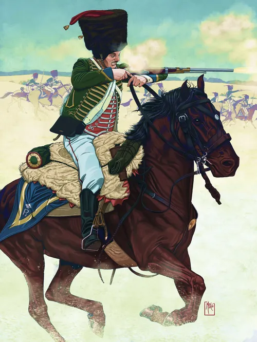 Max Marin illustration of a Napoleonic hussar riding a dark horse