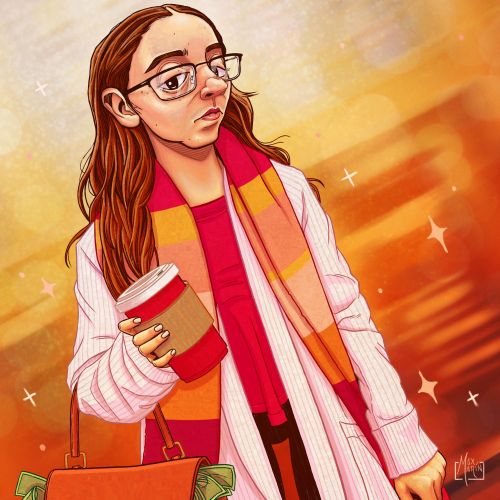 Illustration by Max Marin of Caroline Ellison holding a book and cash