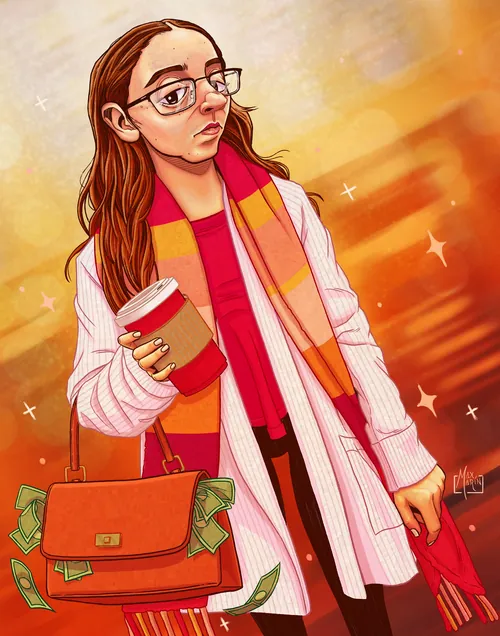 Illustration by Max Marin of Caroline Ellison holding a book and cash