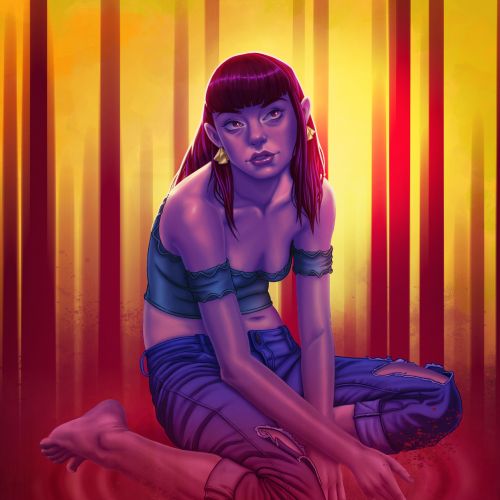 Artwork by Max Marin showing a purple-haired woman kneeling against a glowing red and yellow backgro