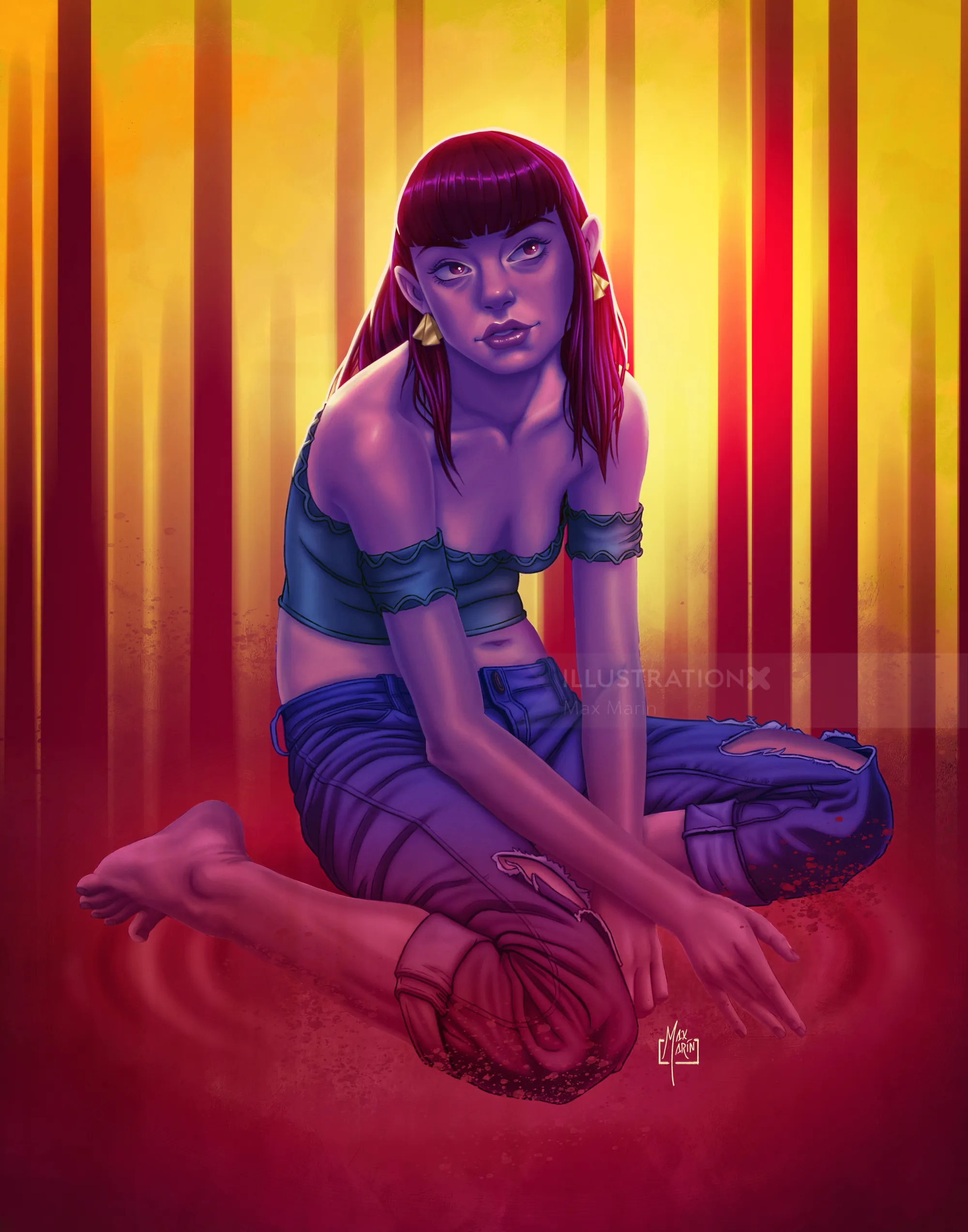 Artwork by Max Marin showing a purple-haired woman kneeling against a glowing red and yellow backgro