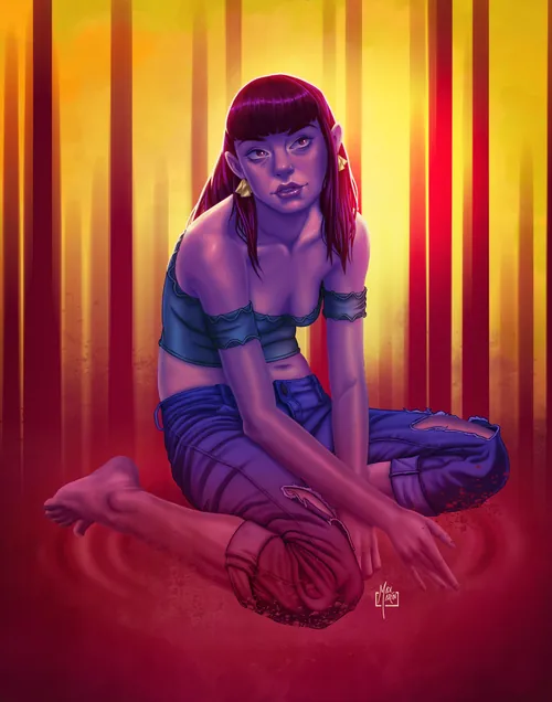 Artwork by Max Marin showing a purple-haired woman kneeling against a glowing red and yellow backgro