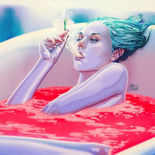 Max Marin illustration of a woman relaxing in a bright red drink-filled bath