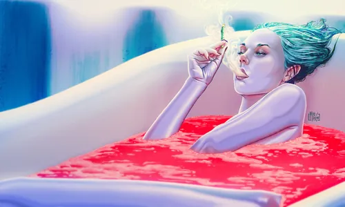 Max Marin illustration of a woman relaxing in a bright red drink-filled bath