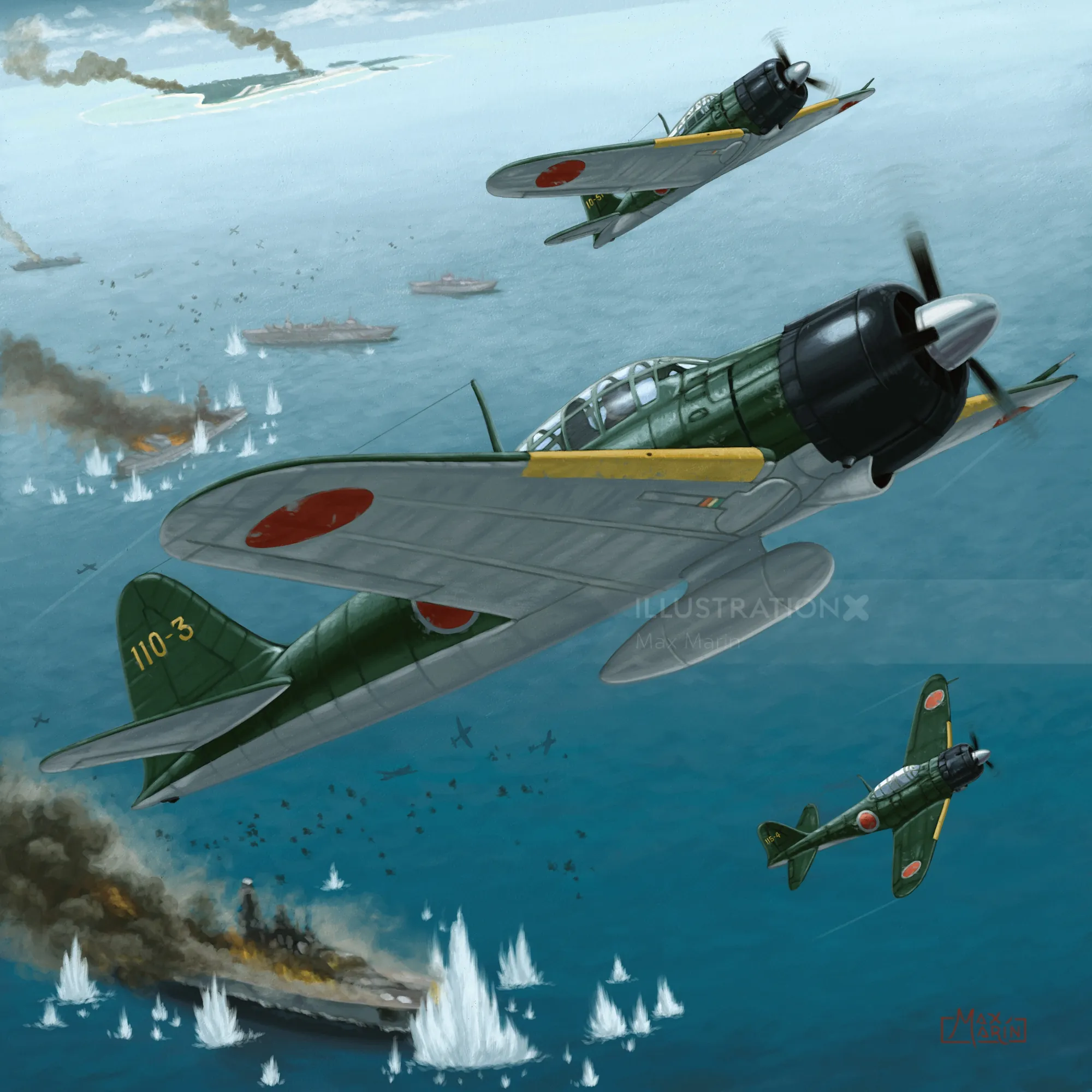 Illustration de Max Marin montrant des avions japonais attaquant des navires en mer