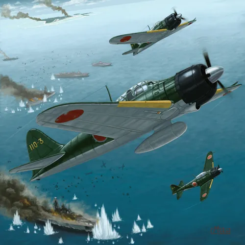 Max Marin illustration of Japanese aircraft attacking ships at sea