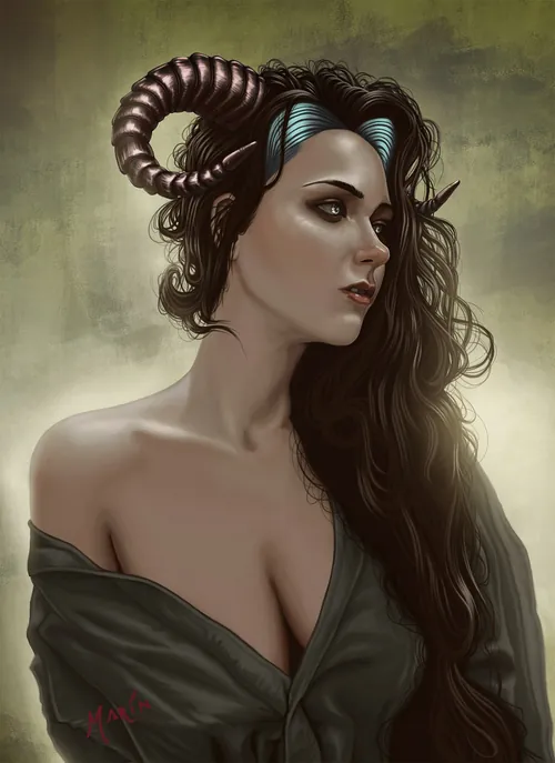 Portrait of Lady Horne Selene by Max Marin with curled horns and flowing hair