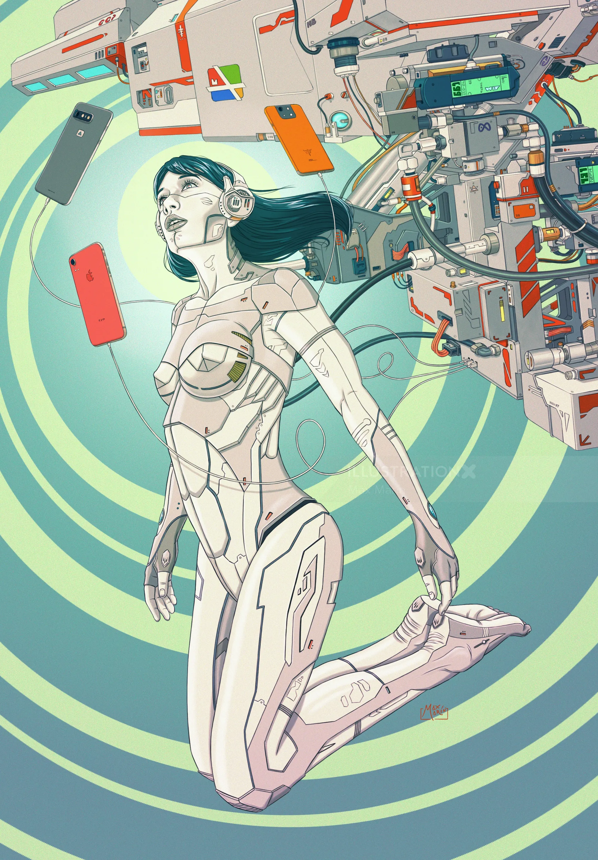 Max Marin illustration of a woman in a futuristic spacesuit amid technology