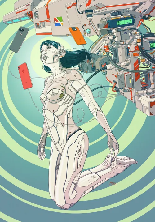 Max Marin illustration of a woman in a futuristic spacesuit amid technology