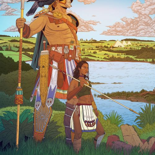 Max Marin illustration of two warriors beside a lake