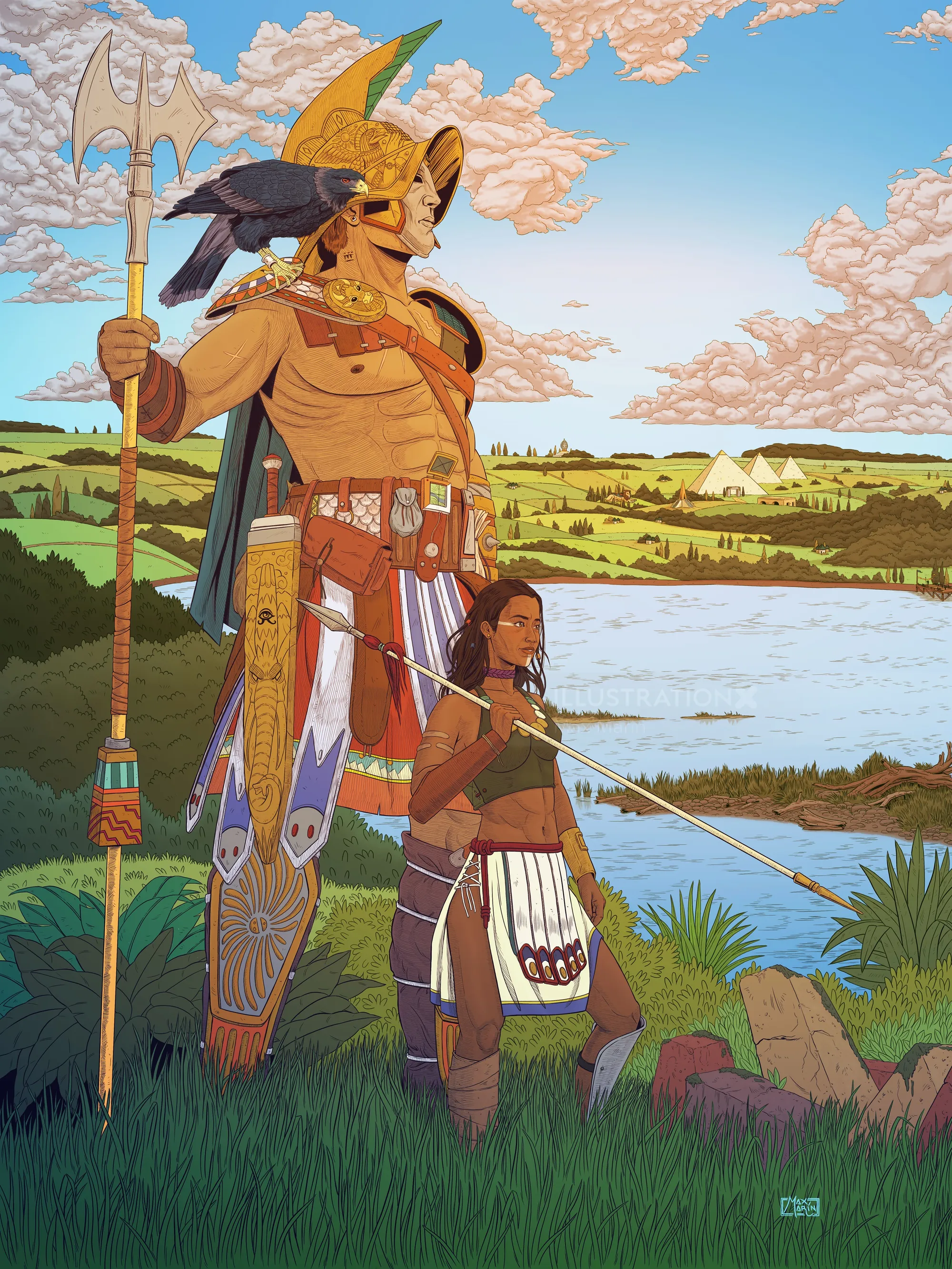 Illustration de Max Marin représentant deux guerriers au bord d'un lac