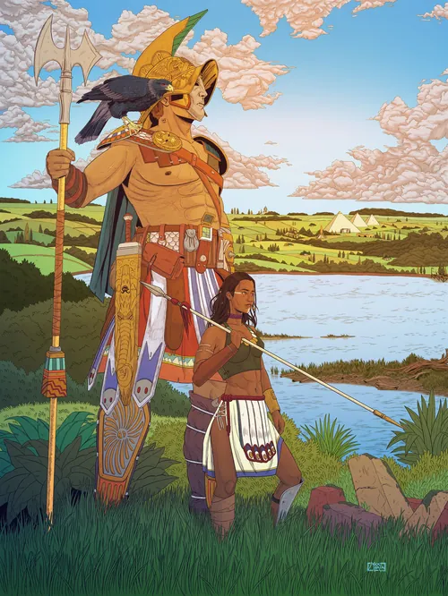 Max Marin illustration of two warriors beside a lake
