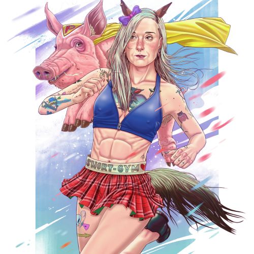 Comic art by Max Marin showing a woman beside a pink boar