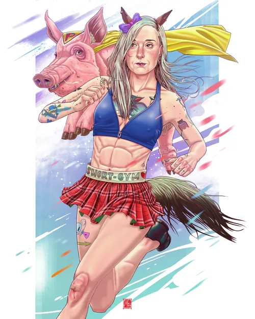 Comic art by Max Marin showing a woman beside a pink boar