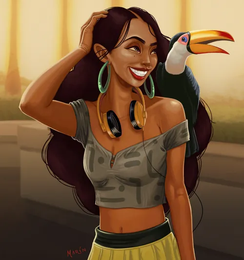 Illustration by Max Marin of a smiling woman with headphones beside a toucan