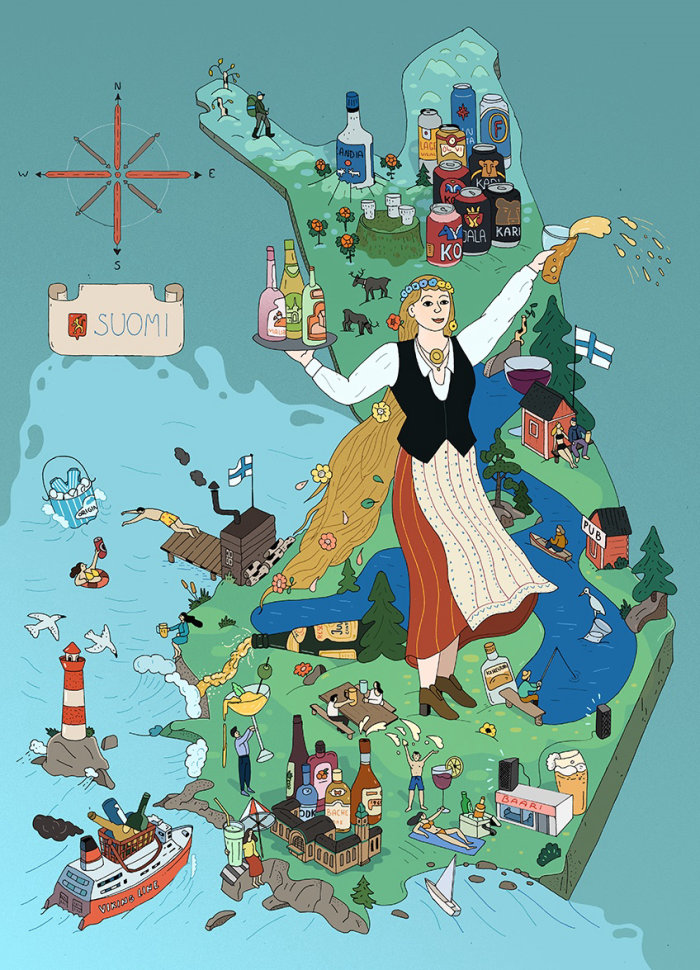 Illustration éditoriale sur les boissons finlandaises pour le magazine Talouselama