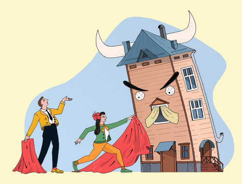 Editorial illustration Fighting against ruined houses