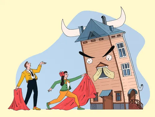 Editorial illustration Fighting against ruined houses