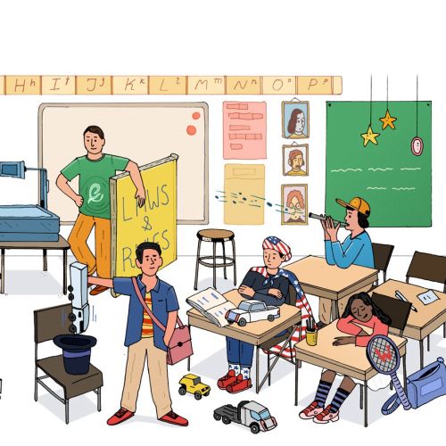Classroom with mischievous students and teacher by Maxim Usik
