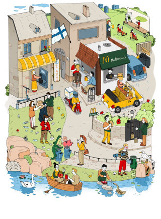 报纸漫画描述了芬兰一家麦当劳餐厅举办的比赛