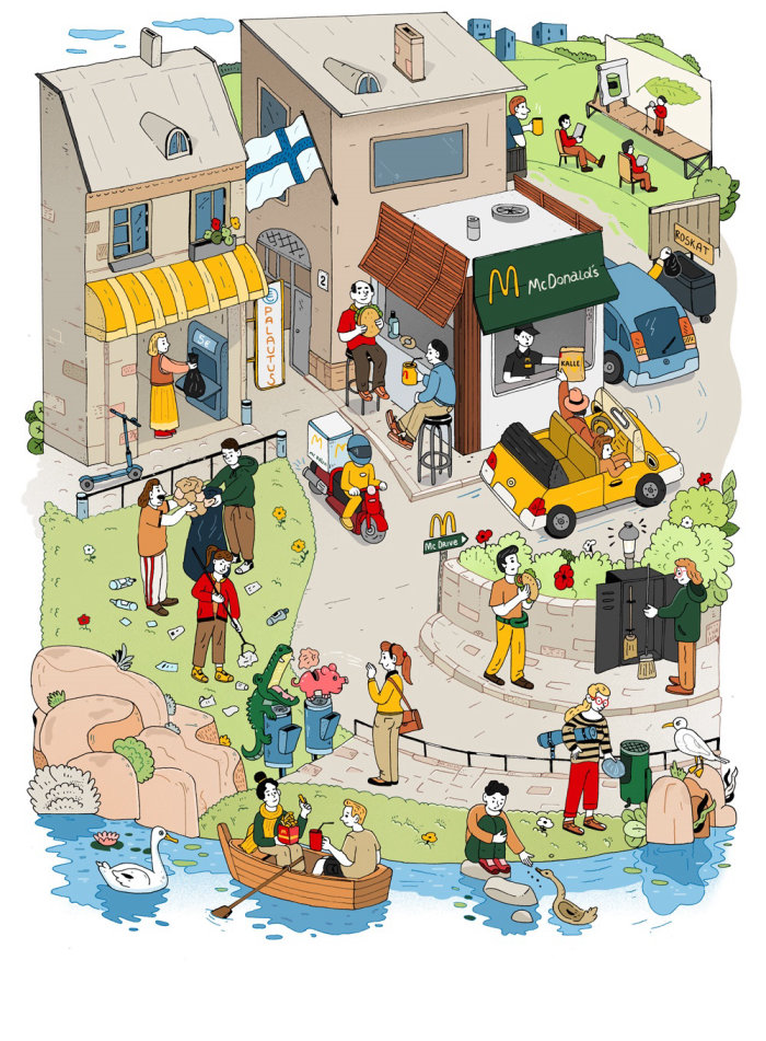 Caricature de journal décrivant un concours dans un McDonald&#39;s en Finlande