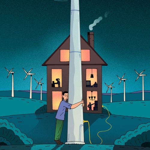 Man hugging wind turbine at night with crescent moon, by Maxim Usik