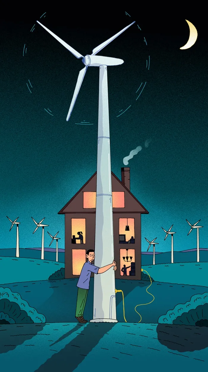 Man hugging wind turbine at night with crescent moon, by Maxim Usik