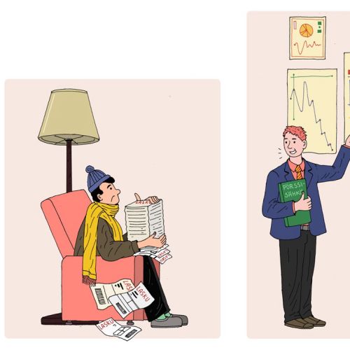Illustration of two people analyzing electric power market charts by Maxim Usik