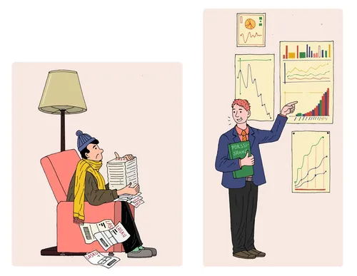 Illustration of two people analyzing electric power market charts by Maxim Usik
