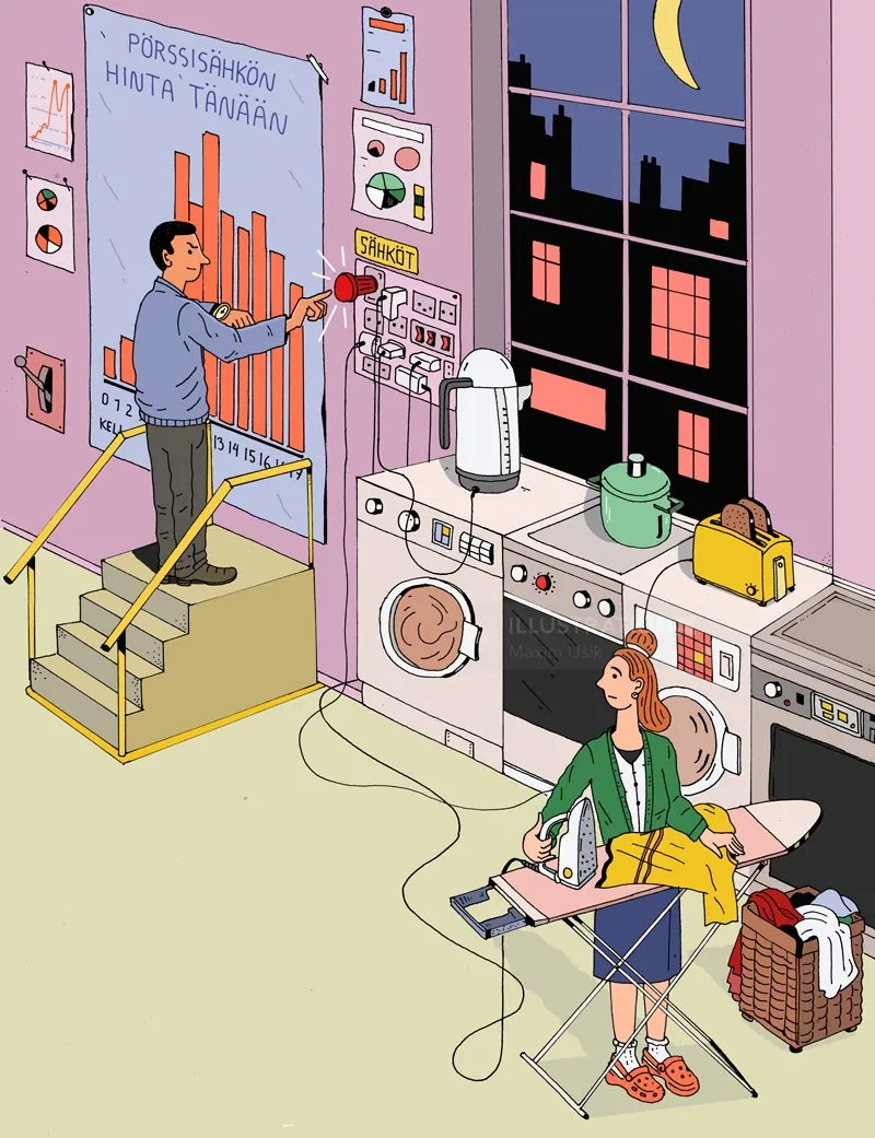 Man adjusts electricity meter while woman waits by washing machine, night scene, by Maxim Usik
