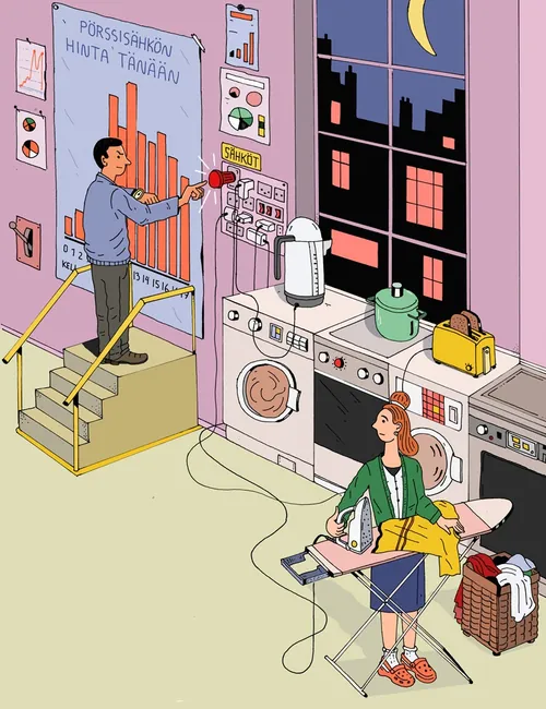Man adjusts electricity meter while woman waits by washing machine, night scene, by Maxim Usik
