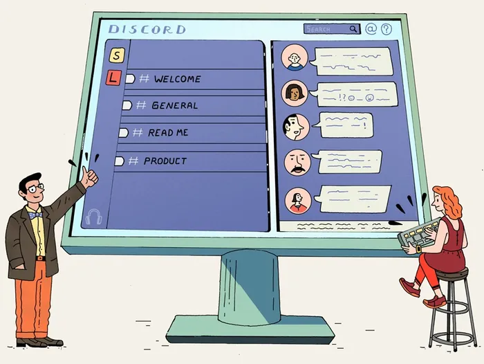 Cartoon showing a large Discord screen with chat and menu by Maxim Usik