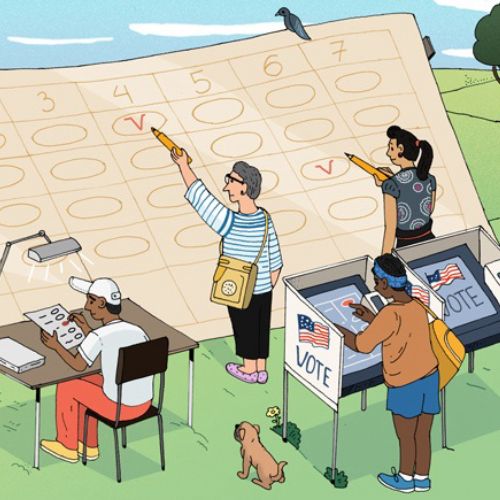 People voting and working at a polling station with election board by Maxim Usik
