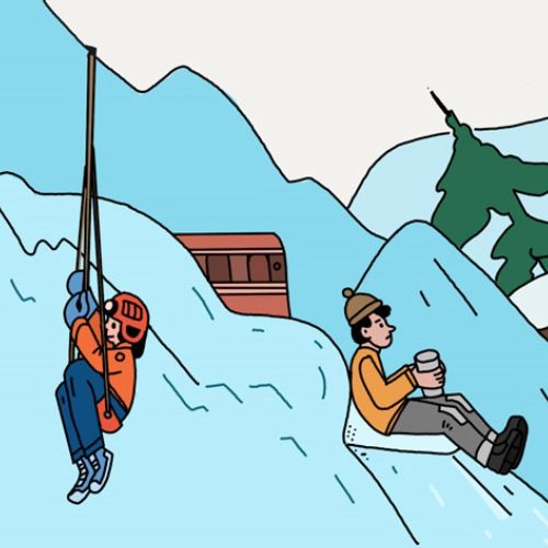 Mountain climbers and skiers on snowy peaks by Maxim Usik