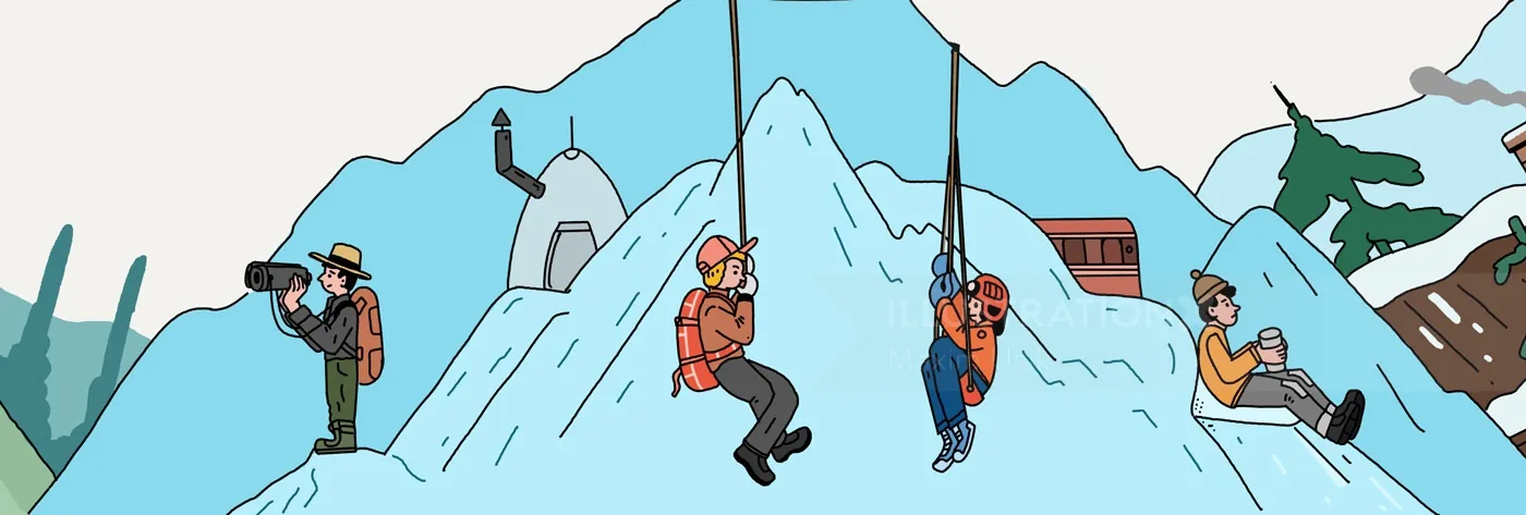 Mountain climbers and skiers on snowy peaks by Maxim Usik