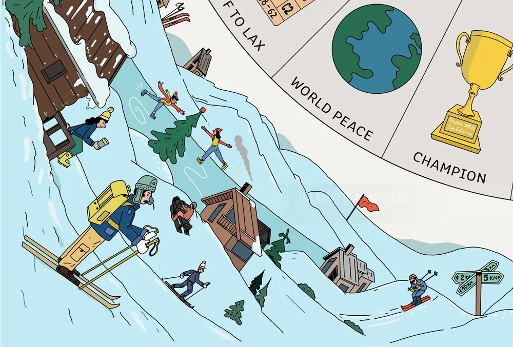 Mountain ski board game scene with skiers and cabins by Maxim Usik