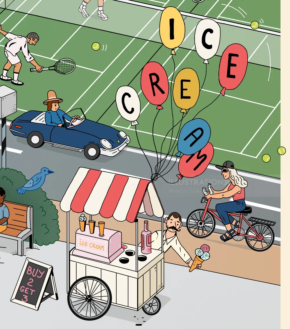 Ice cream seller at cart near tennis players and cyclist by Maxim Usik