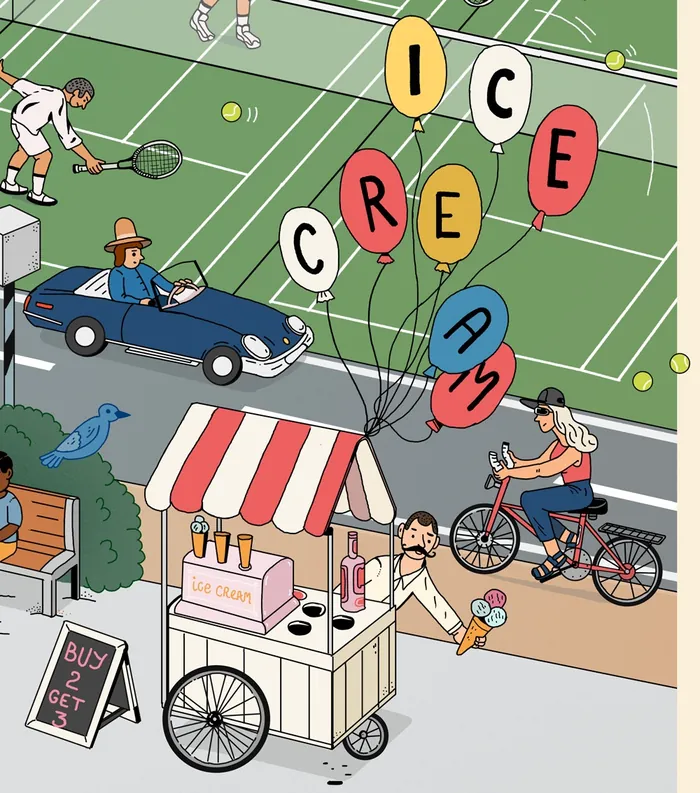Ice cream seller at cart near tennis players and cyclist by Maxim Usik
