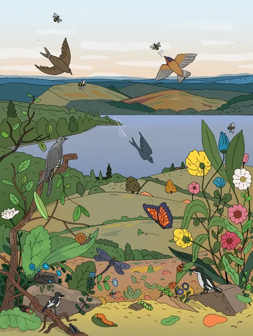 Birds and butterflies flying over a lake in a colorful landscape by Maxim Usik