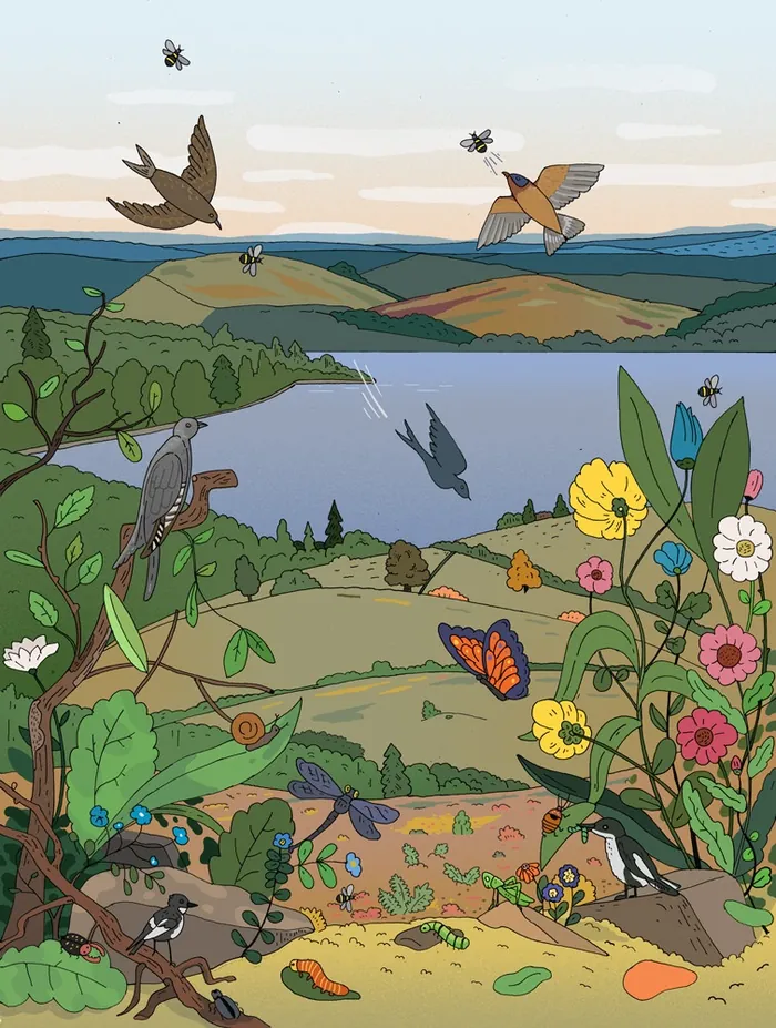 Birds and butterflies flying over a lake in a colorful landscape by Maxim Usik