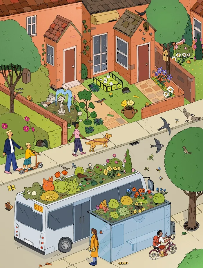 Neighborhood street with urban garden bus, people, dogs, and houses by Maxim Usik