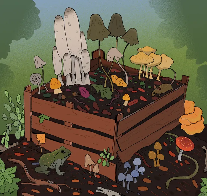 Colorful mushrooms growing in a wooden planter by Maxim Usik