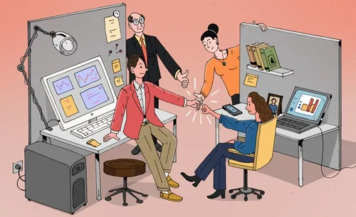 Illustration of office team collaborating, drawn by Maxim Usik