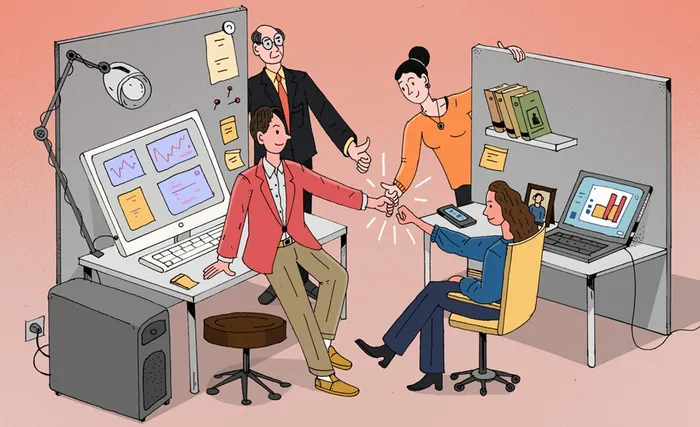 Illustration of office team collaborating, drawn by Maxim Usik
