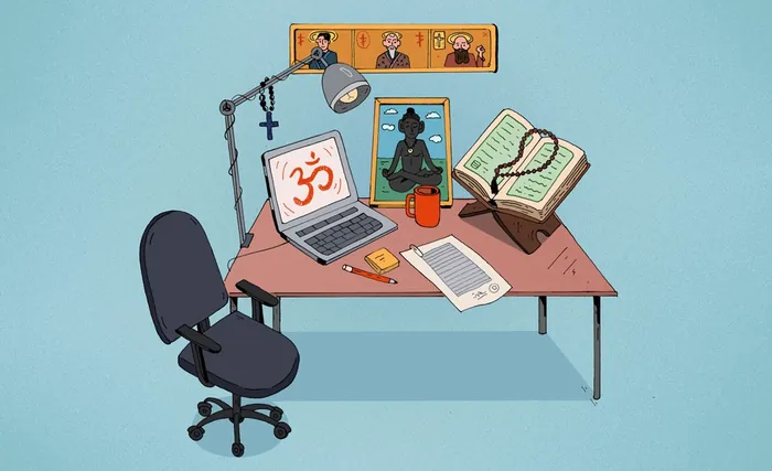 Work desk with laptop, religious icons, and open book by Maxim Usik